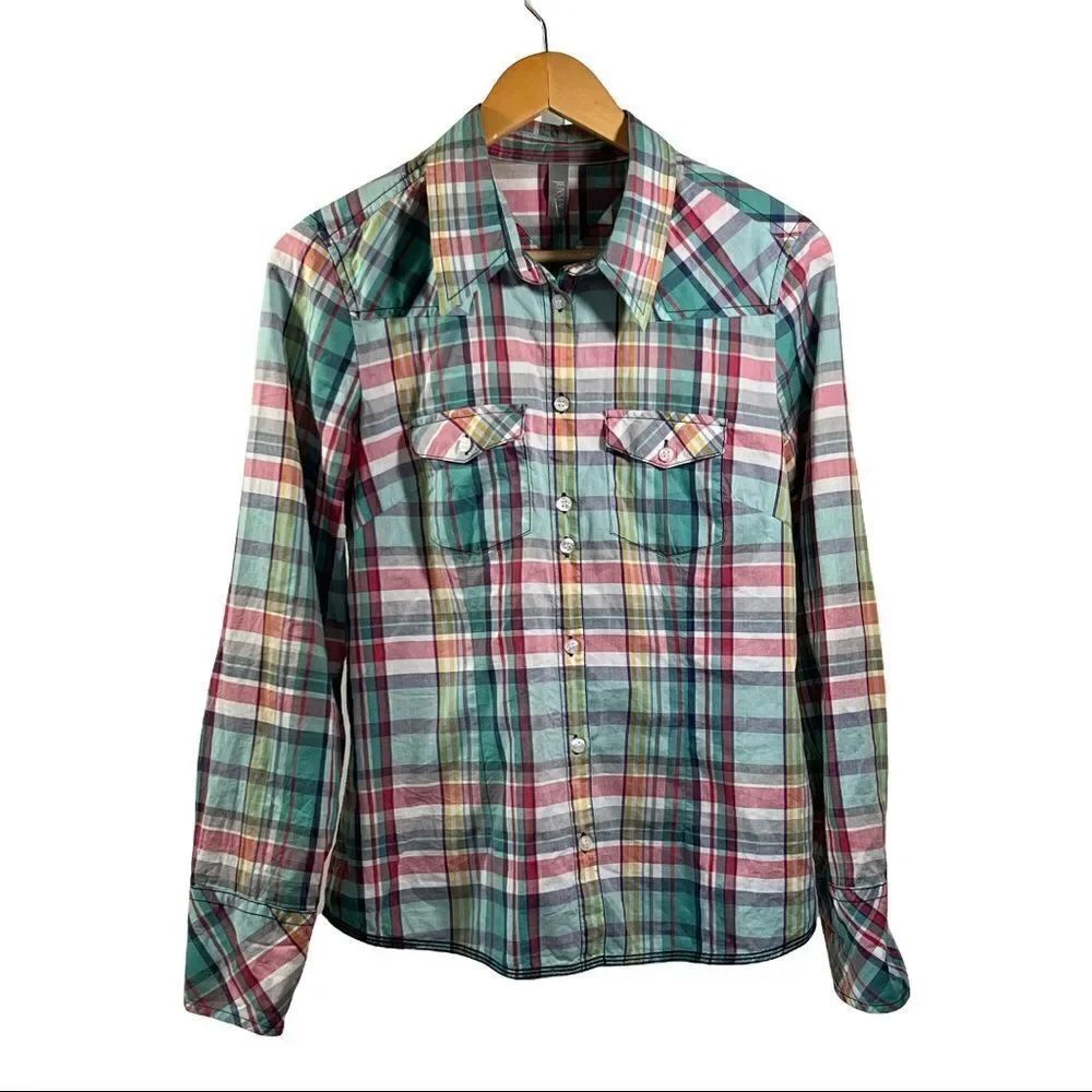JENSEN Women’s Dessin Cotton Plaid Button Down Shirt Blue/Pink Size 38/Medium